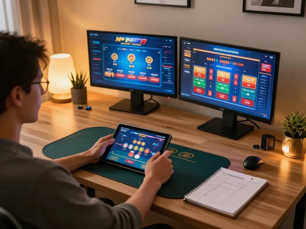 Đăng ký Vivu88 while enjoying an online poker game, showcasing a cozy home office setup filled with gaming screens and strategy notes.