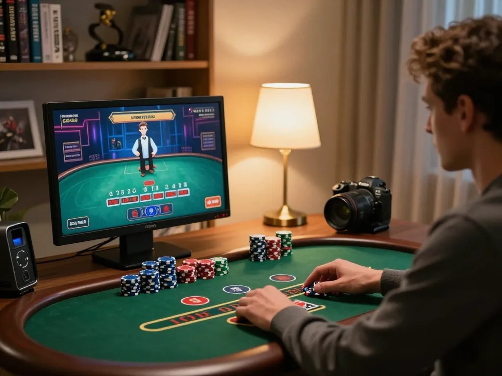 Engaging in live blackjack game at home with TA88 gaming strategy, cozy atmosphere and organized setup.