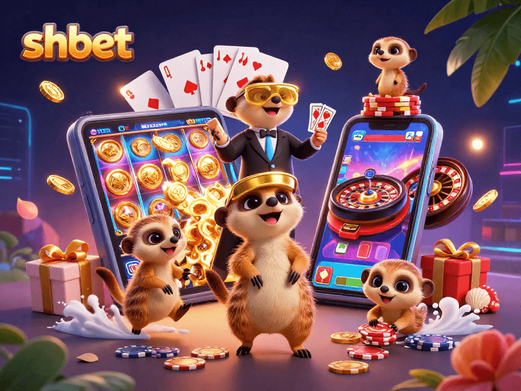 Engaging shbet casino scene with meerkats playing, showing vibrant slot games and chips.