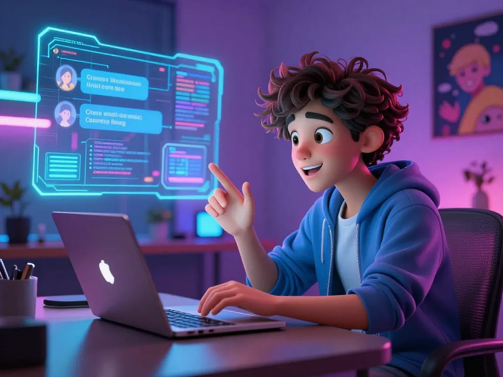 Engaging ai nsfw chat interaction with an immersive AI character in a vibrant, modern tech environment.