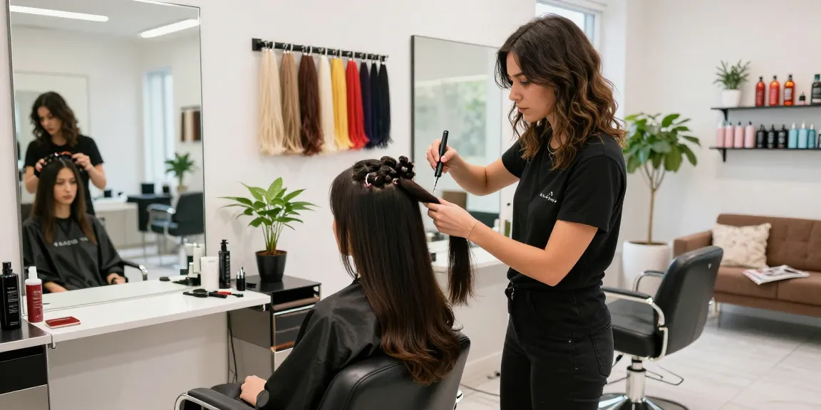 Sew in weft hair extensions being applied in a stylish salon with a focus on precision and professional tools.