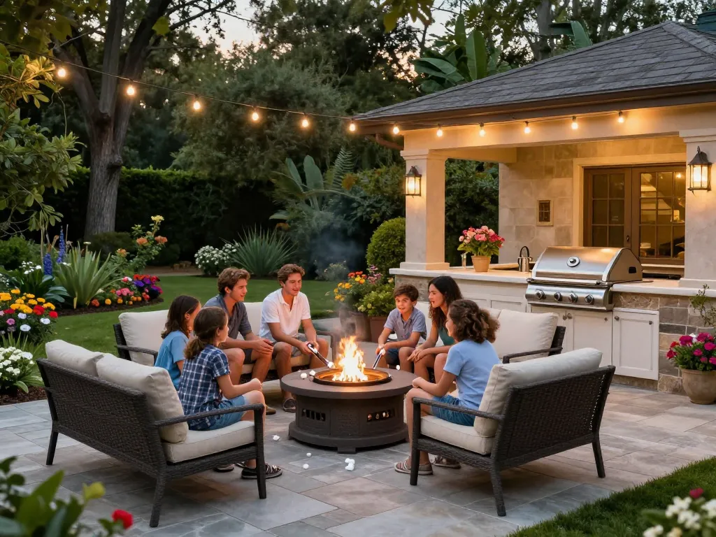 Paver patio near me with family enjoying evening around fire pit and outdoor kitchen.