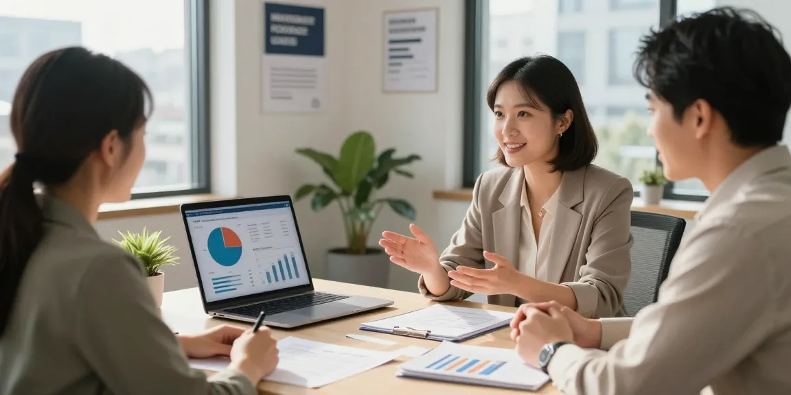 Financial advisor discussing financial health with clients in a modern office.