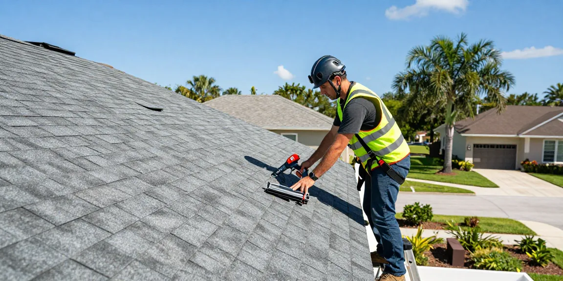 Roof replacement in Tampa with a contractor inspecting asphalt shingles at a home, showcasing expertise in roofing services.