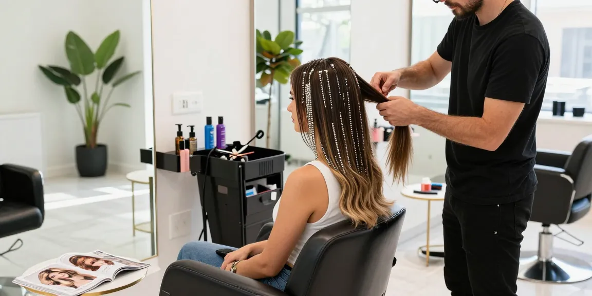 Beaded weft hair extensions being styled in a chic salon environment.