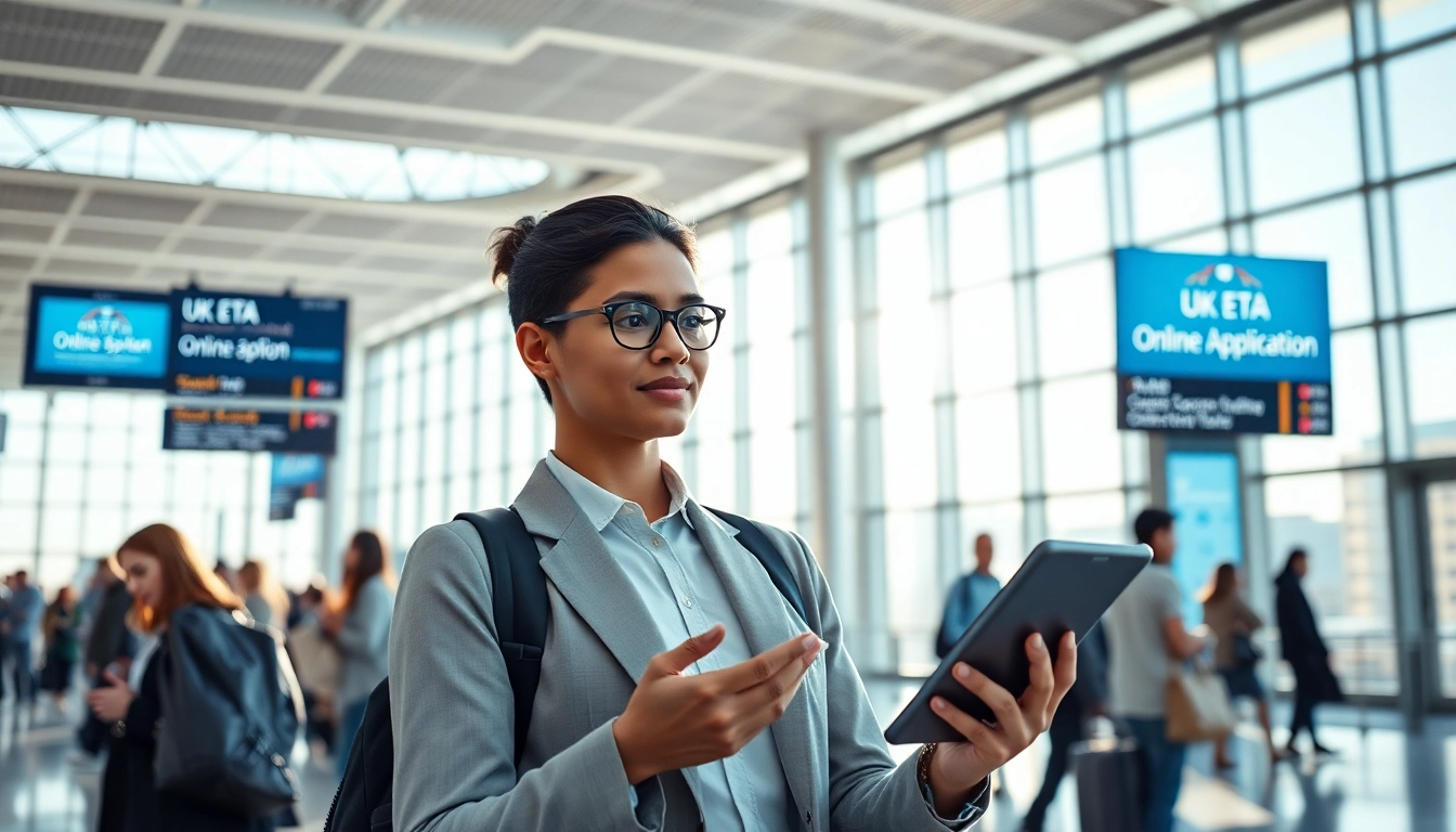Engaged traveler using a device for uk eta online application in a bustling airport environment.