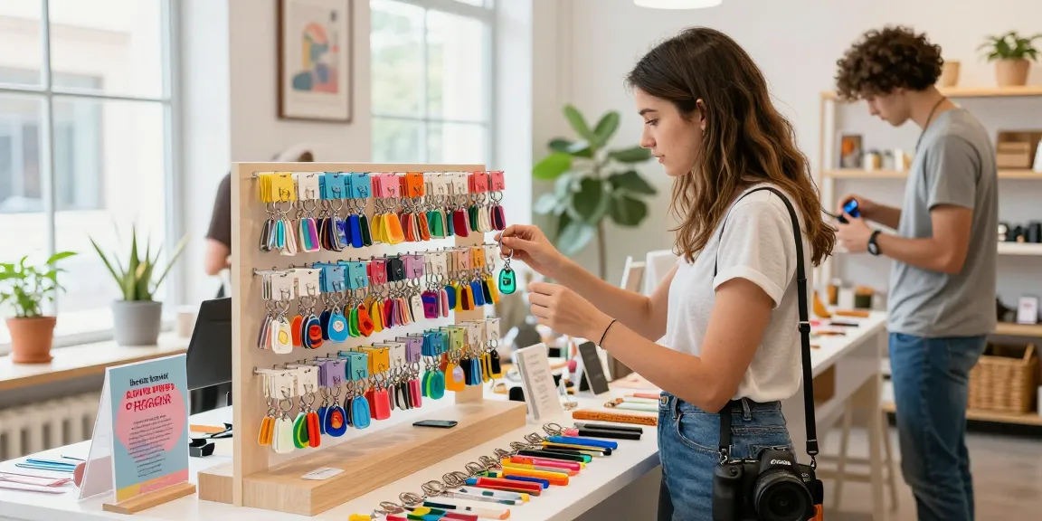Engaging display of personalized keychains in a trendy retail space