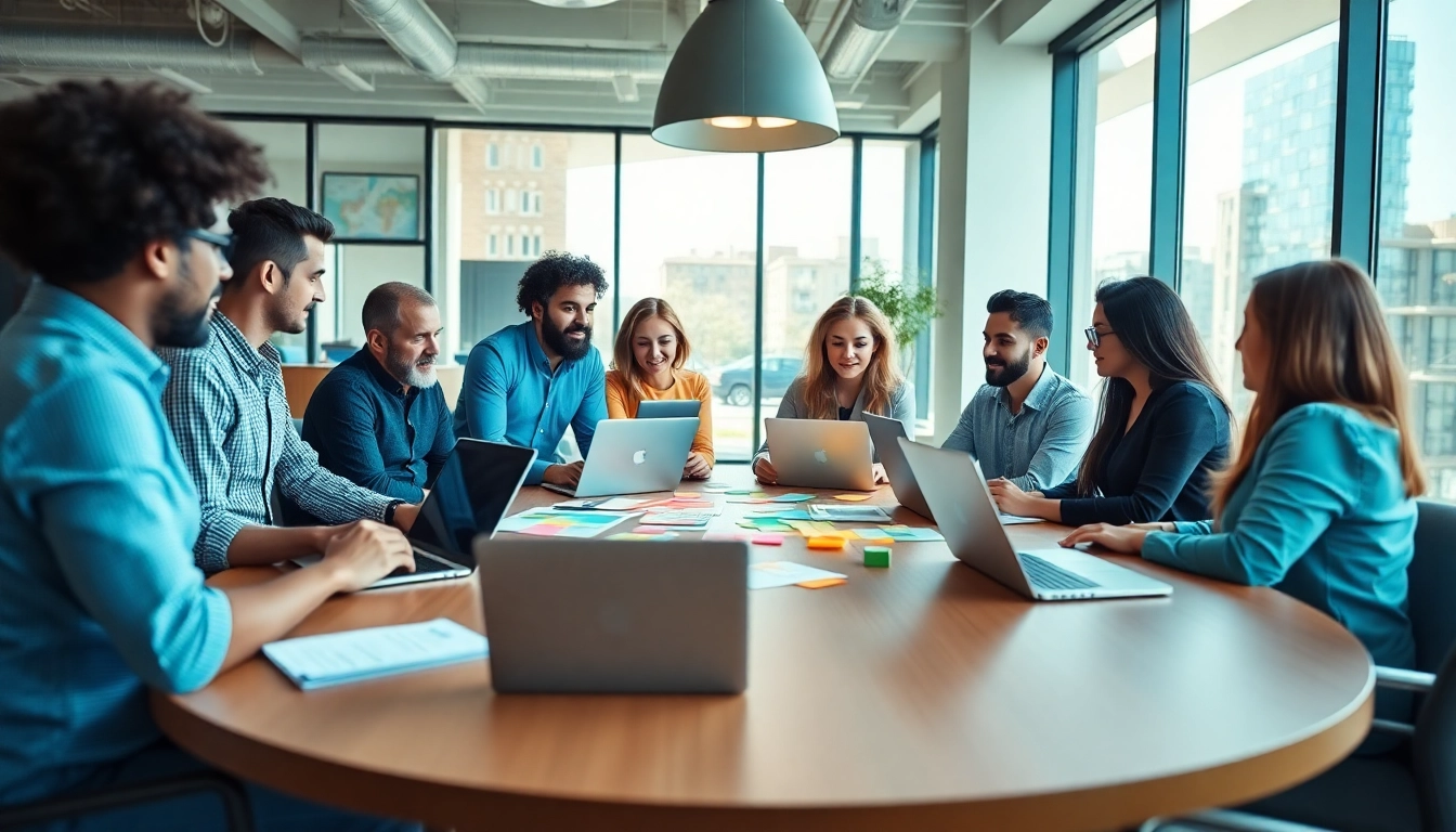 Team collaboration at a Marketing Agency in a modern office environment, showcasing creativity and professionalism.