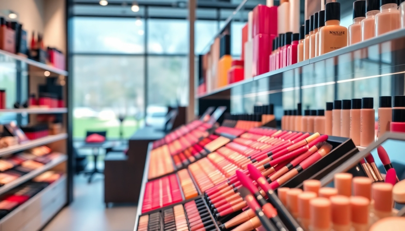 Showcase of makeup wholesale products in a chic boutique, emphasizing vibrant colors and quality.