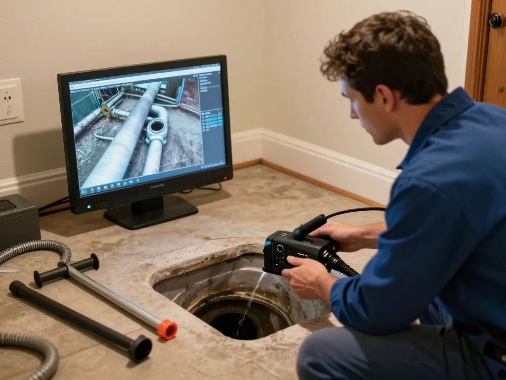 Professional sewer and drain cleaning in Rapid City, technician inspecting sewer line with advanced camera technology