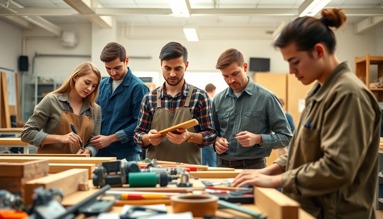 Students practicing skills at a trade school, with a focus on vocational training and hands-on education.
