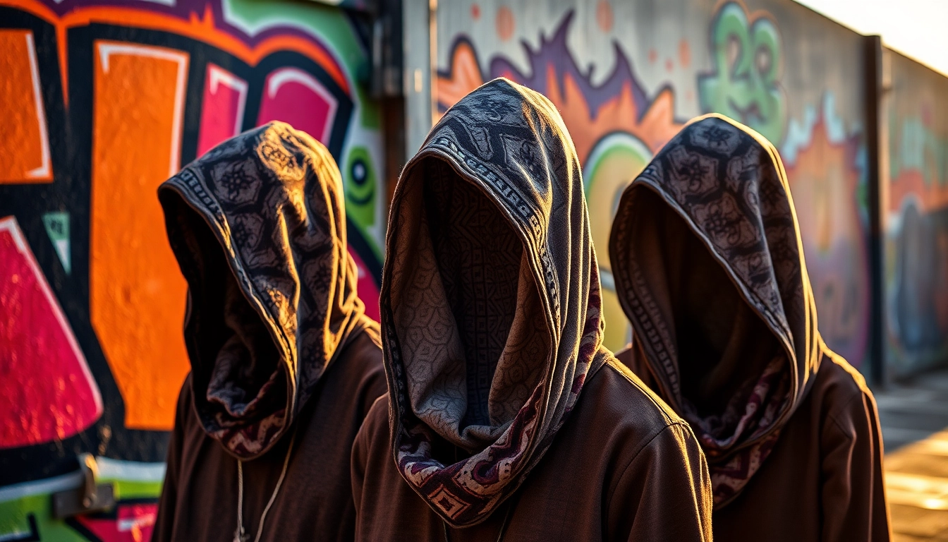 Showcasing stylish hoods embellished with urban art elements and stylish designs.