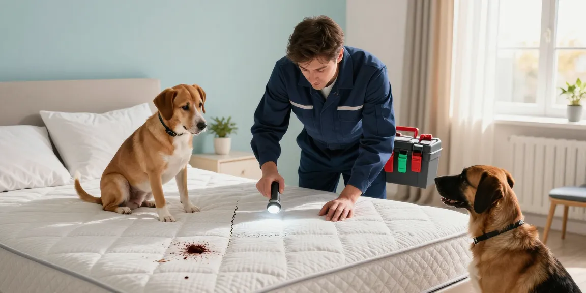 Bed bug exterminator inspecting a mattress for signs of infestation in a tidy bedroom.