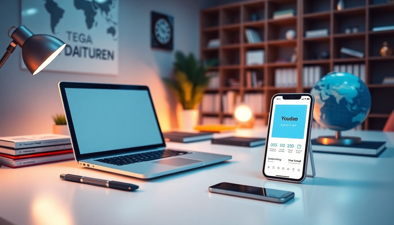 Youdao translation app displayed in a modern office setting with sleek tech devices.