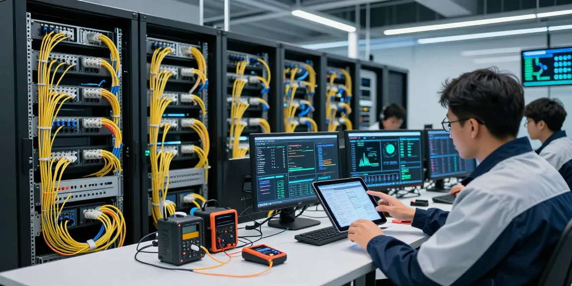 Engineers collaborating on fiber optic network installation in a high-tech data center.