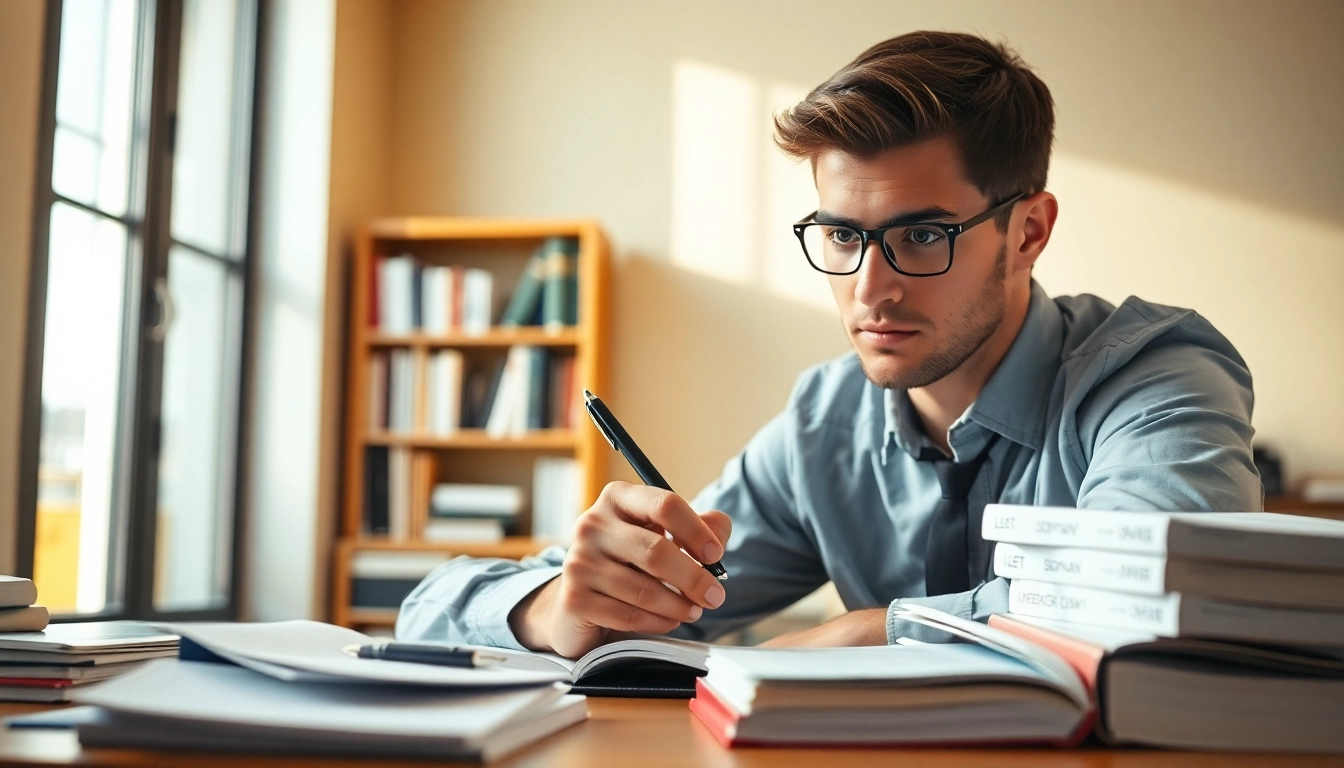 Hire someone to take lsat for you while studying at a desk filled with LSAT prep materials.
