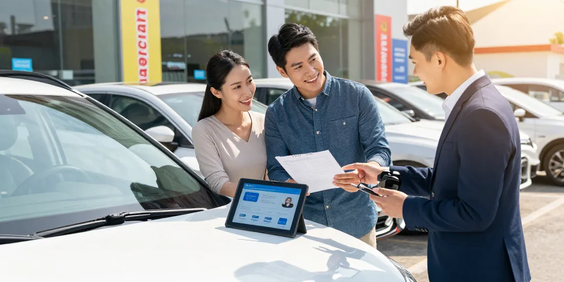 Couple exploring used car warranty options while examining a pre-owned vehicle at a dealership.
