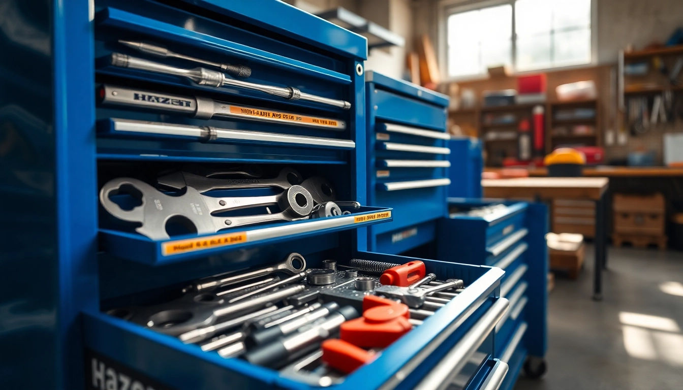 Professional HAZET tool cart with organized tools in a vibrant workshop setting
