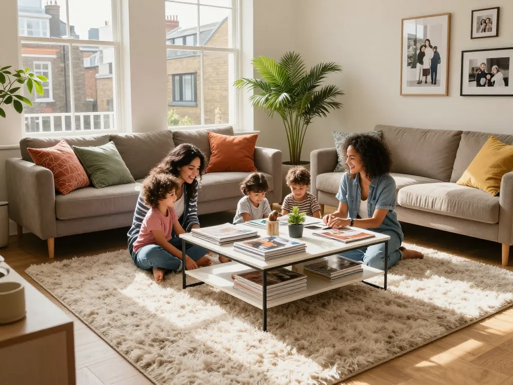 Affordable carpets London enhancing a cozy living room, with family enjoying quality time.