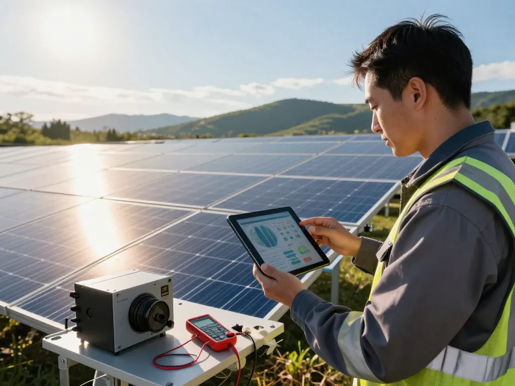 Engineers analyzing the carbon footprint of PV modules and EPD at a solar farm, showcasing technology and collaboration.