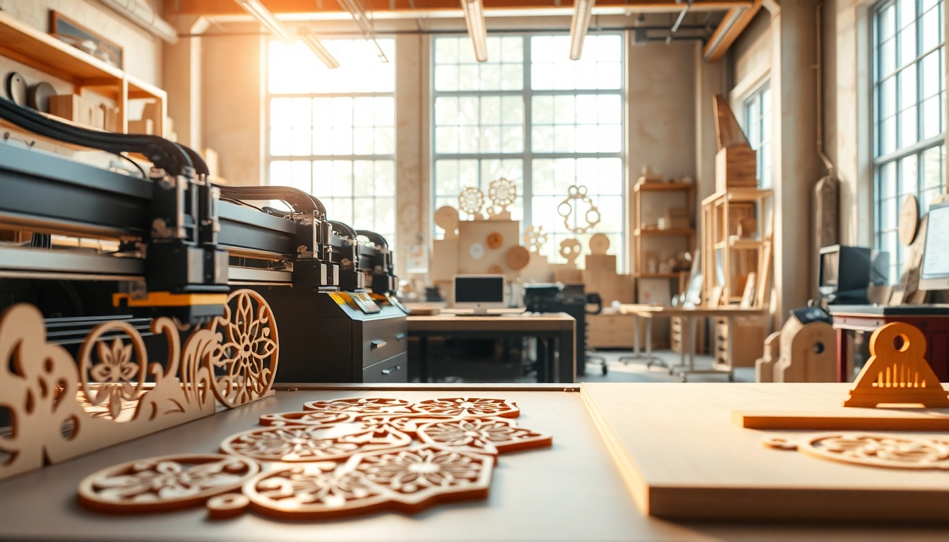 Showcasing laser cutting designs crafted from acrylic and wood in a vibrant workshop.