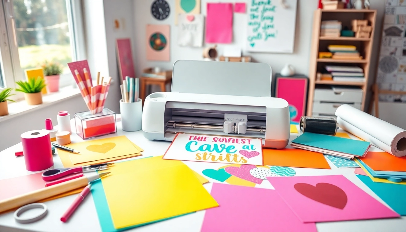 Cricut SVG designs being cut in a bright, creative workspace with various crafting tools.