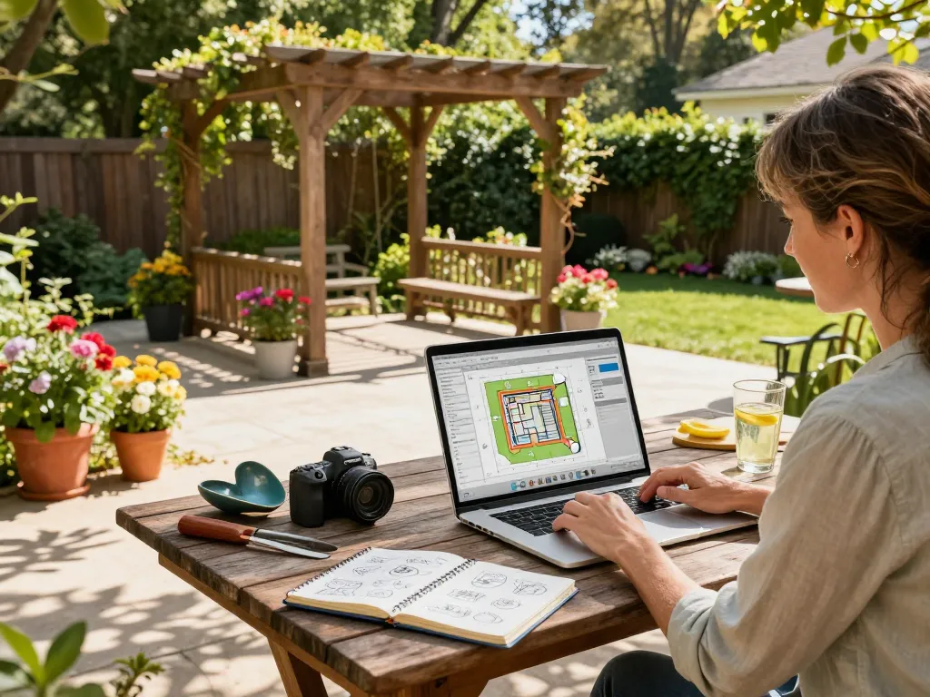Creating a custom pergola 3D planner design in a beautiful backyard setting.