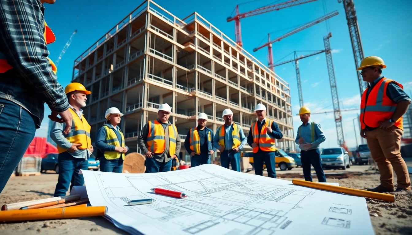 New Jersey Commercial General Contractor team collaborating on a construction project with blueprints and tools.