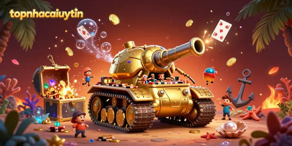 Experience the excitement of topnhacaiuytin with a unique 3D casino scene featuring a golden beetle tank and vibrant treasure elements.