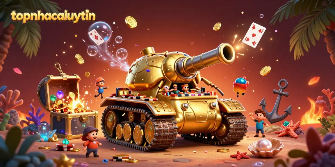 Experience the excitement of topnhacaiuytin with a unique 3D casino scene featuring a golden beetle tank and vibrant treasure elements.