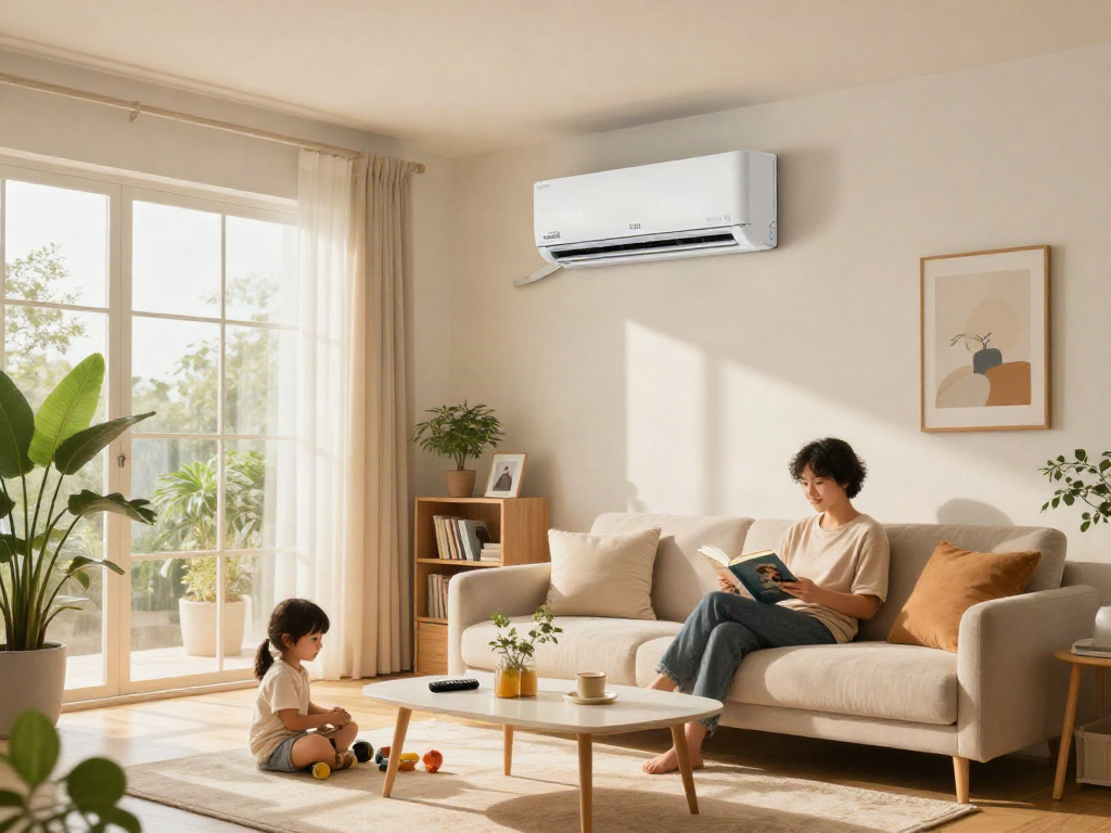 Modern living room with a sleek 18k mini split air conditioning unit providing comfort for a family gathering.