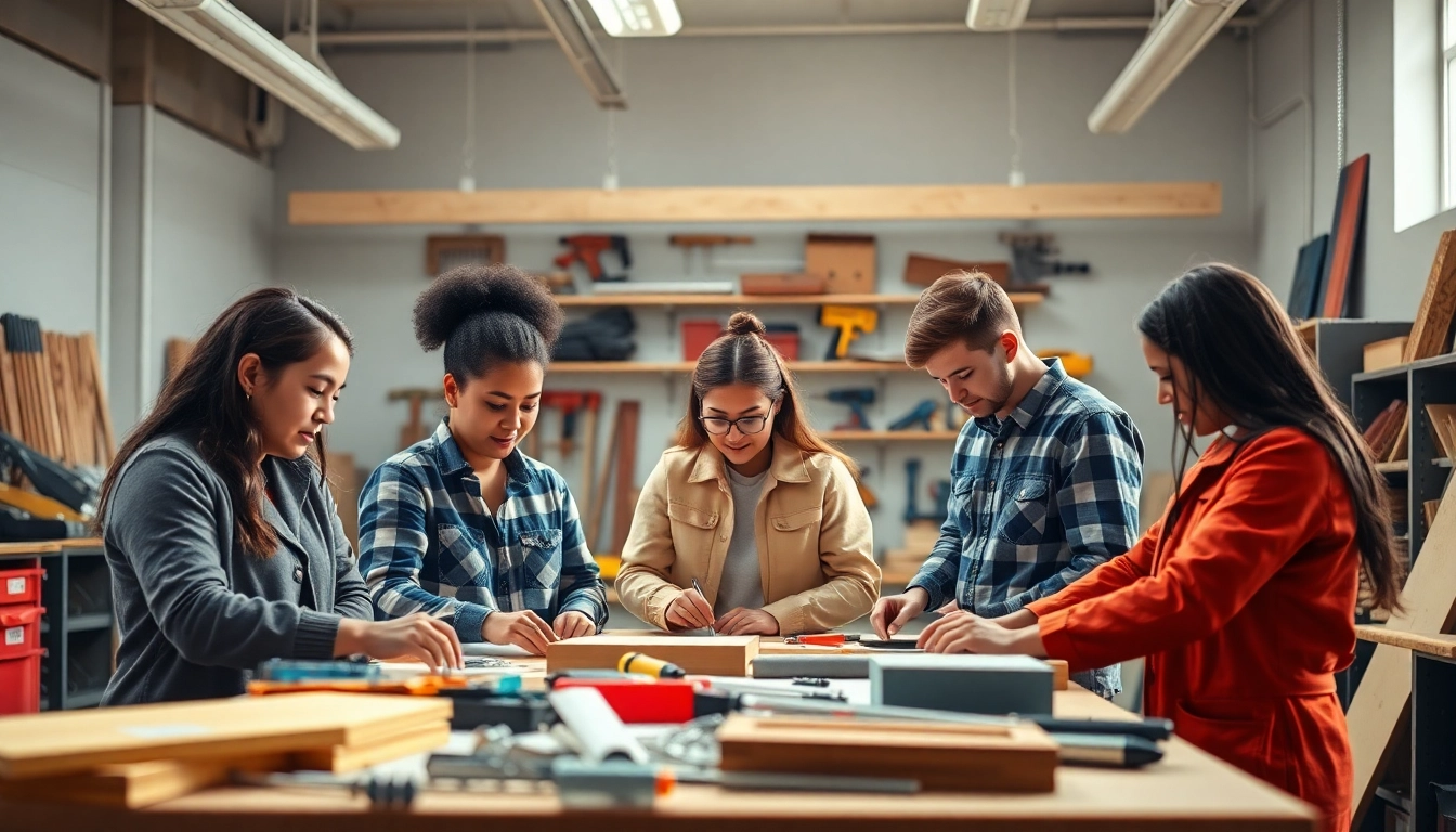 Students participating in hands-on construction classes in a well-lit workshop.