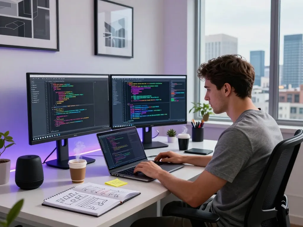 Developer coding with WPS Office software in a modern workspace.