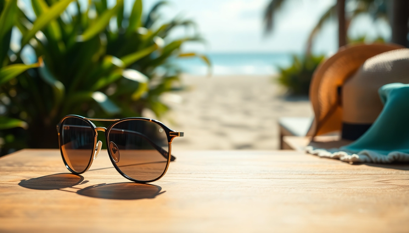 Fashionable designer shades showcased elegantly on a wooden table, surrounded by nature.