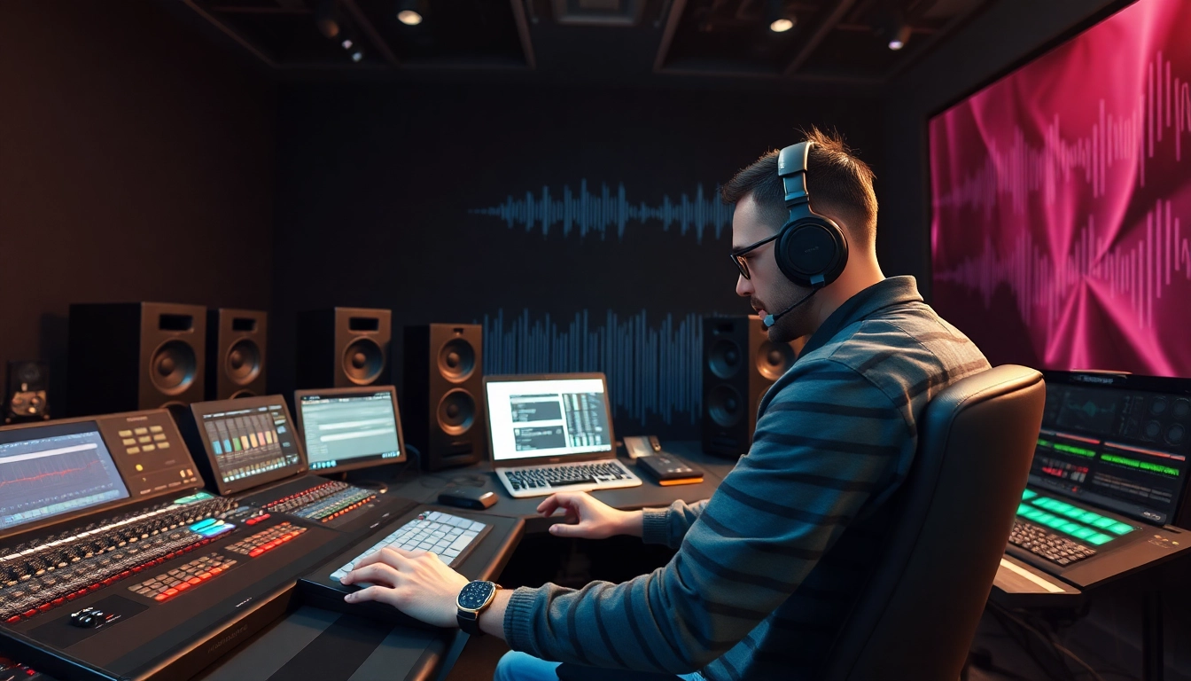 Enhancing tracks with online mastering in a vibrant studio environment.