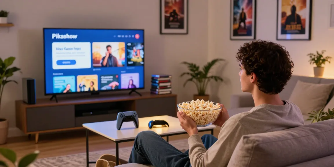 Enjoying movie night with Pikashow app streaming on smart TV in a cozy living room.