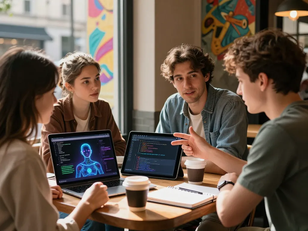 Group of young adults discussing AI technology and virtual companions at a trendy café, showcasing the concept of ai slut.