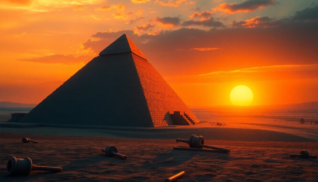 Experience the majestic Great Pyramid of Giza from https://piraminds.com/ against a stunning sunset backdrop.