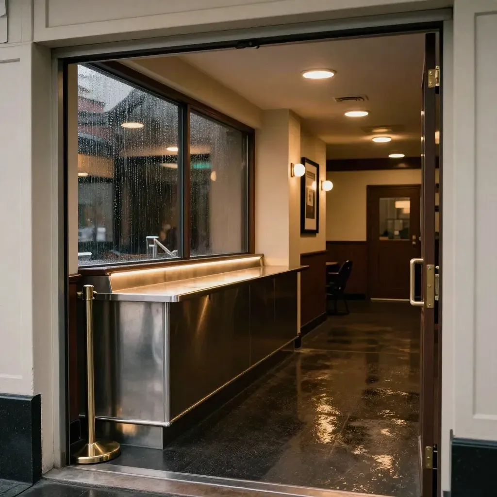 Rainy cinema lobby with velvet ropes, poster frames, and warm lights glowing at dusk