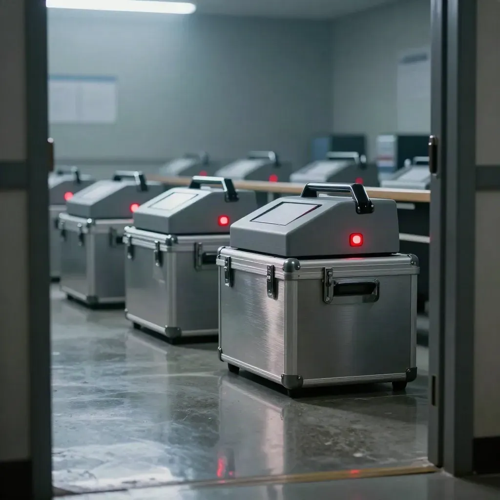 Ballot scanners and sealed transport cases on a reflective election counting floor, lit in red and white.