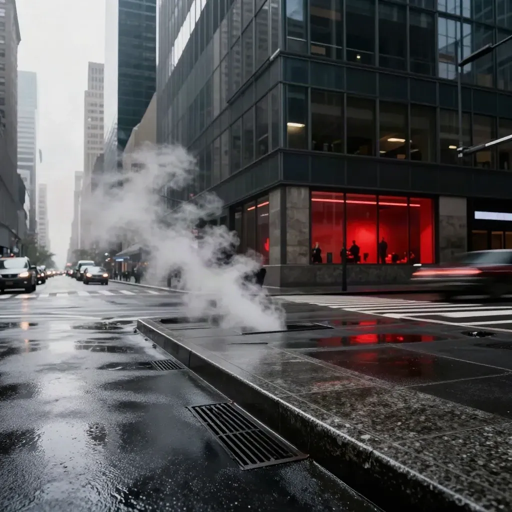 Steam rolls across a Wall Street crosswalk beneath dark glass towers and a red office glow.