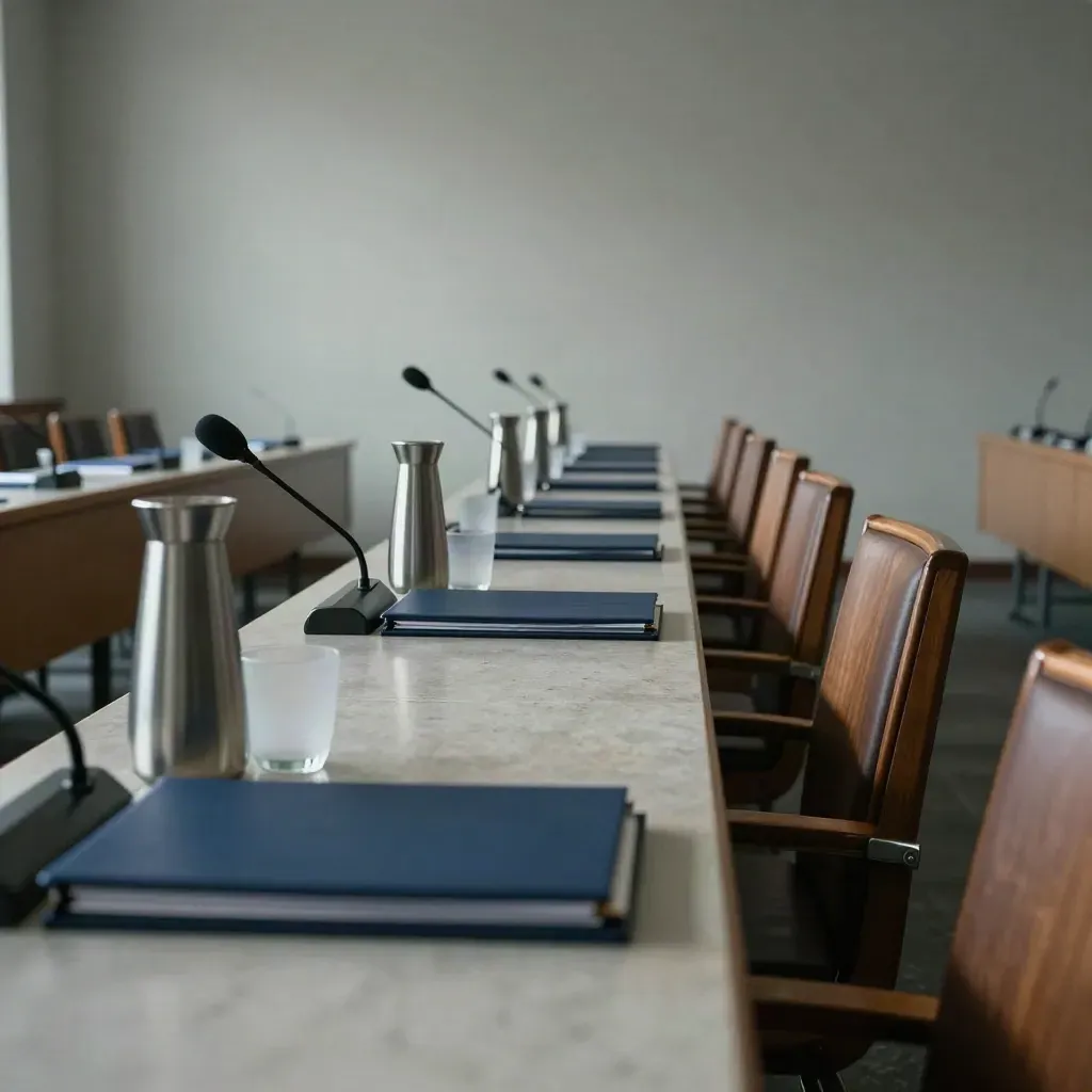 Empty hearing room with stone table, microphones, and stacked binders after a vote.
