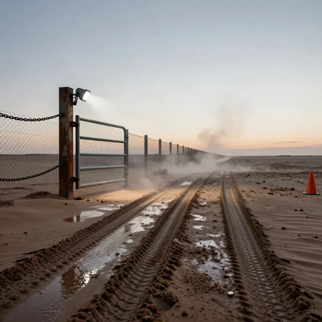 Low border fence after rain, closed gate, tire ruts, and a blurred orange cone at sunrise