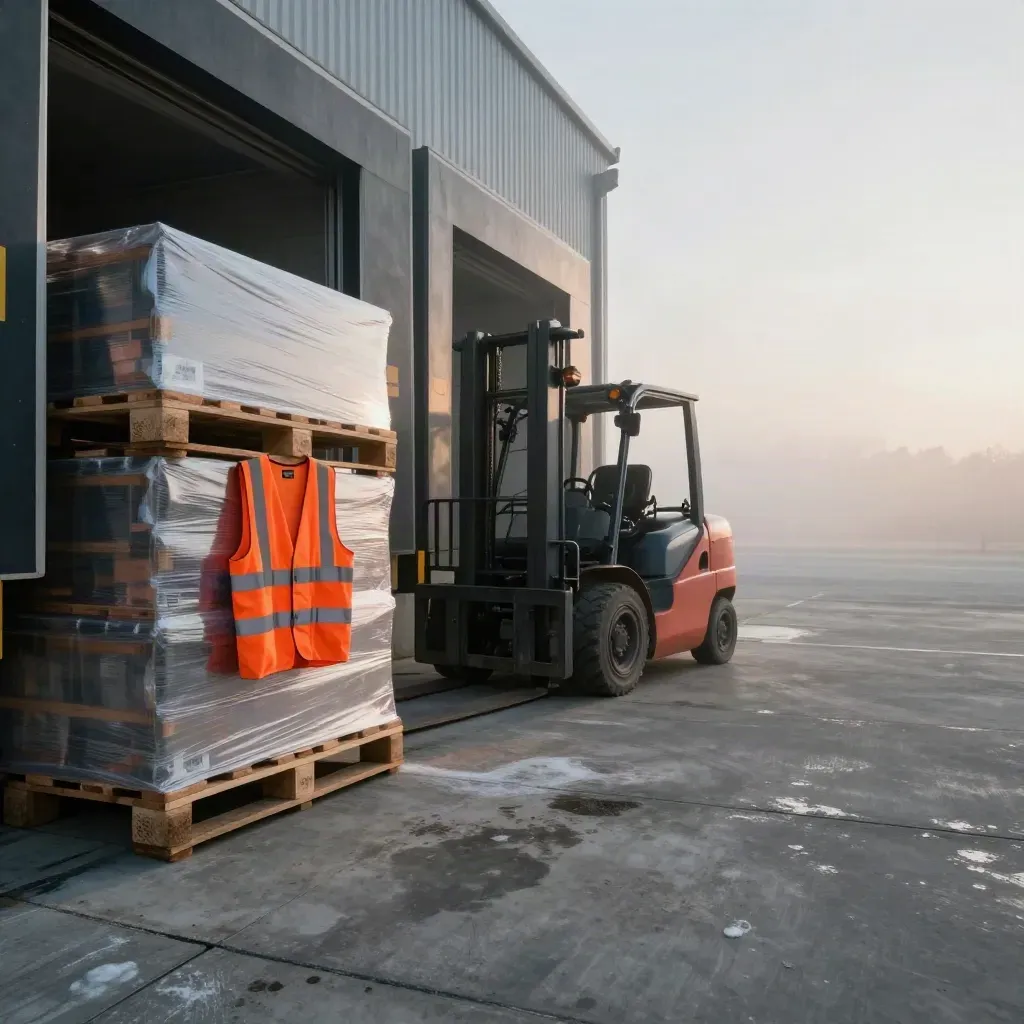 Warehouse dock at dawn with pallets, a forklift, and a safety vest in cool fog.