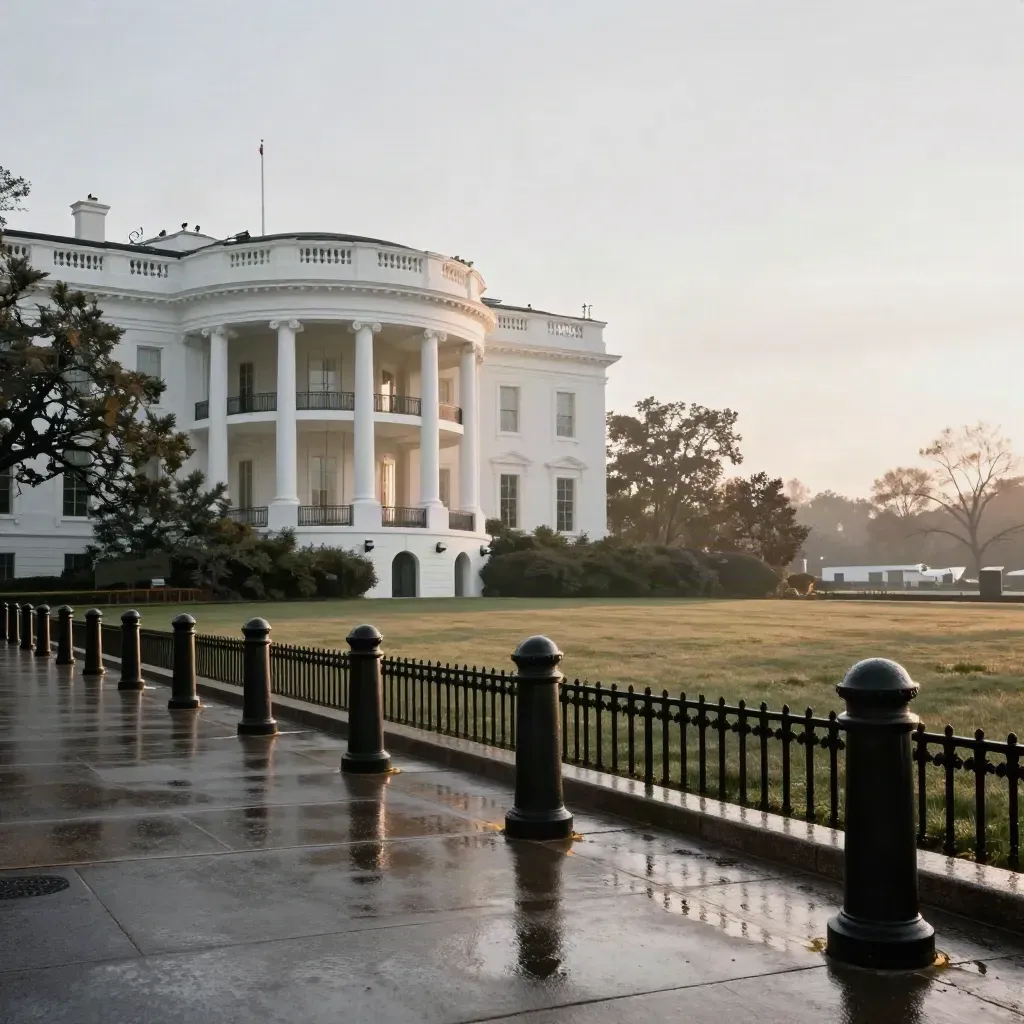 White House South Lawn at dawn with wet pavement, bollards, and pale gold light on the facade.
