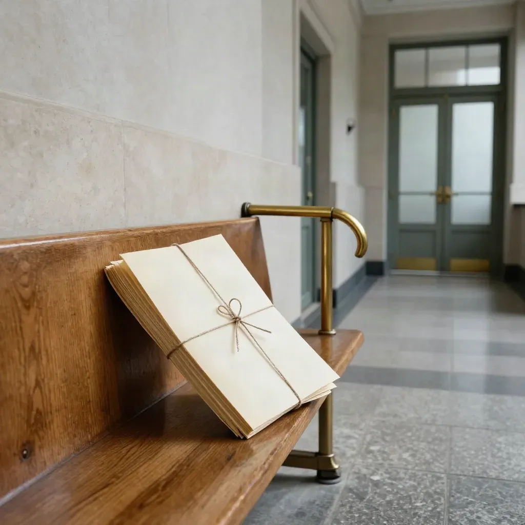 Courthouse corridor with sliding case files, brass rail, and frosted doors after a hearing.