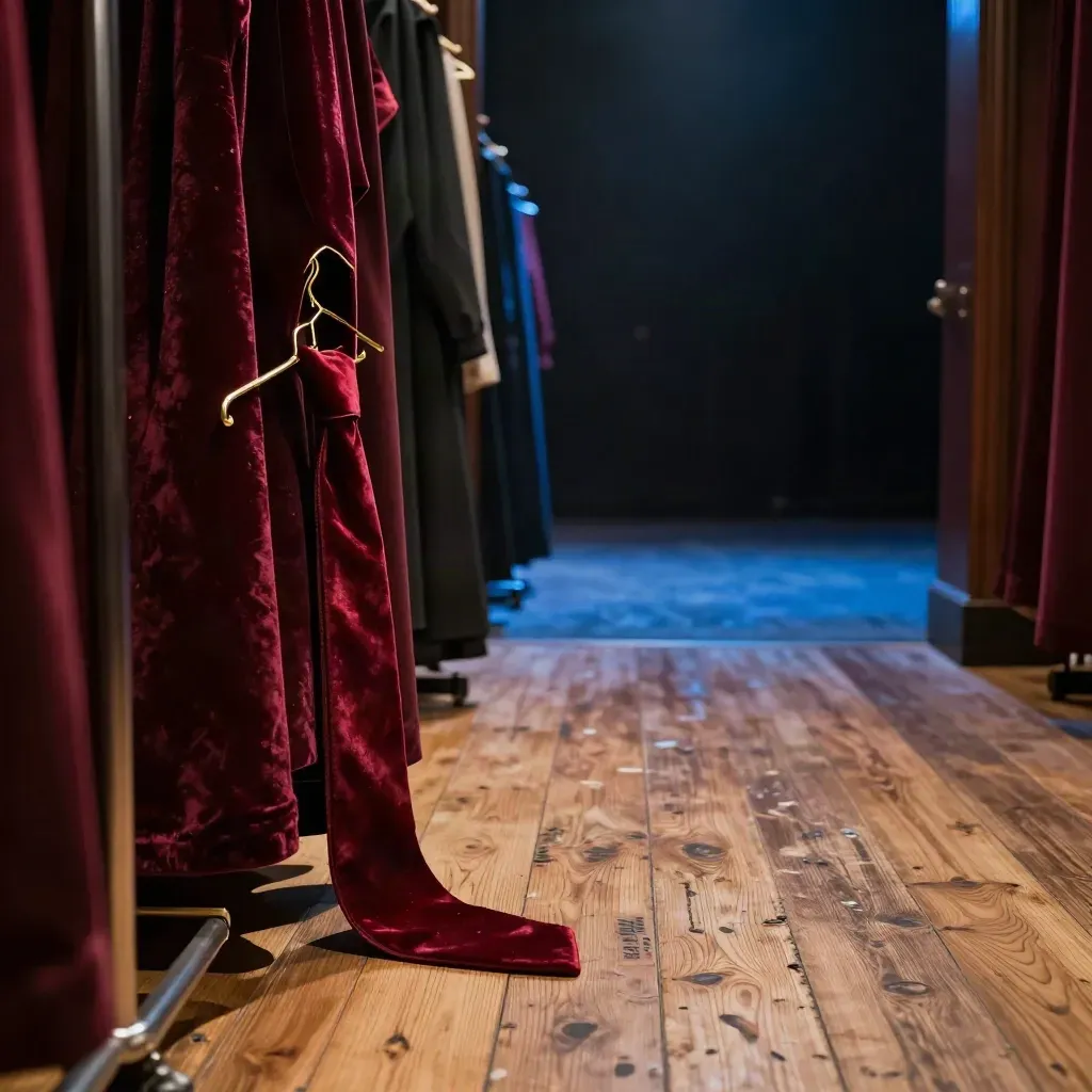 Backstage theater corridor with velvet racks, blue spill light, haze, and scuffed floorboards