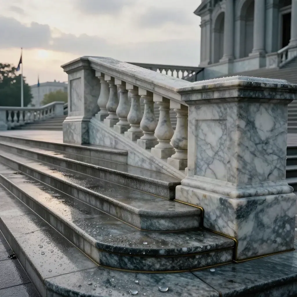 Wet marble capitol steps in rain at dusk, with flags lifting in mist.