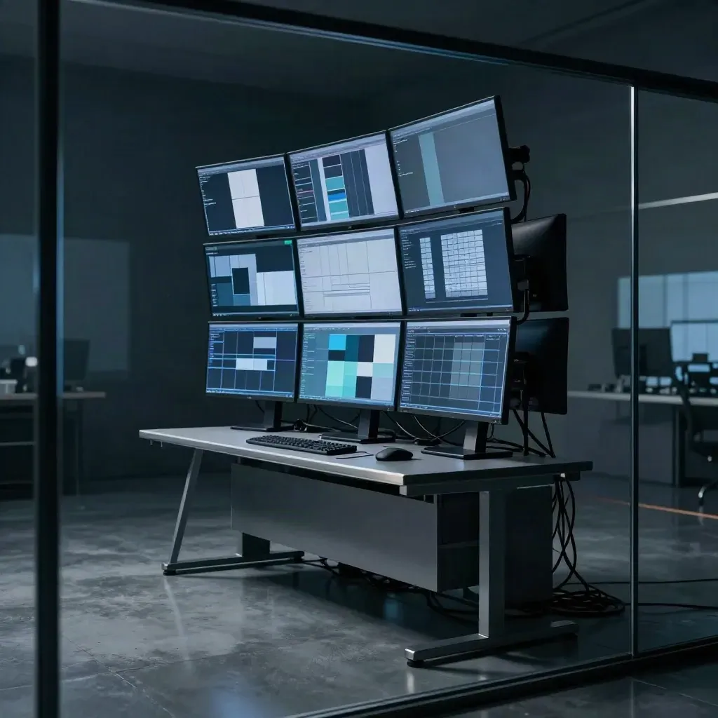 Silent analytics monitors pulse in a dark newsroom operations room behind glass.