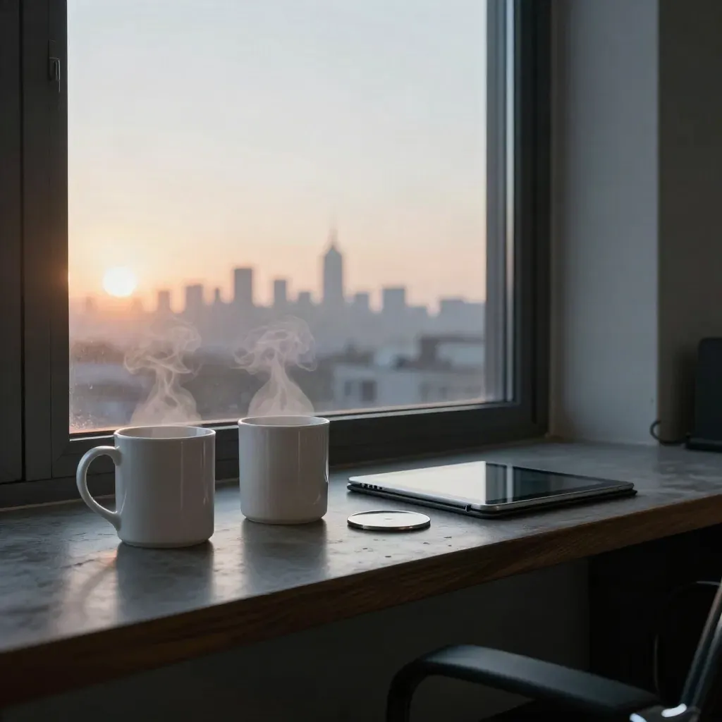 Newsroom ledge at sunrise with two steaming mugs, a face-down tablet, and city skyline beyond.